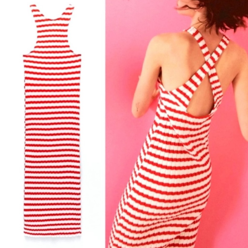 Zara red/white stripe midi bodycon dress. Size S